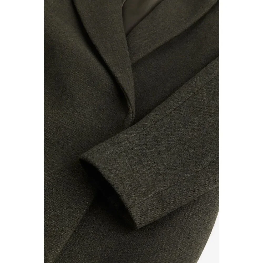 H&M Womens Sz XXL Pockets Coat Double Breasted Overcoat Dark Khaki Green Classic - Picture 2 of 10